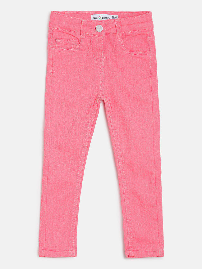 Tales & Stories Cotton Girl's Pink Slim Jeans