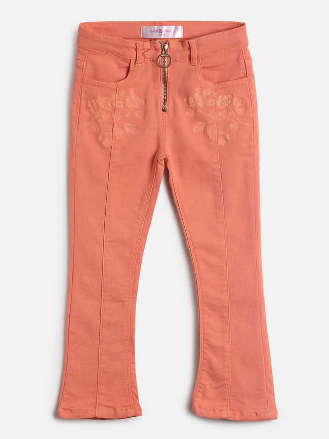 Tales & Stories Girl's Orange Cotton Blend Embroidered Trouser