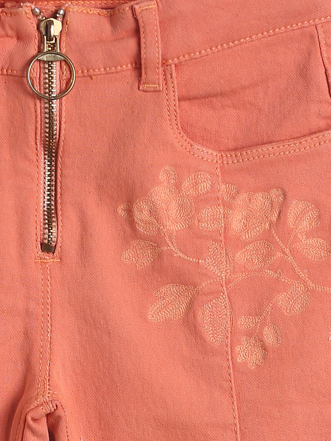 Tales & Stories Girl's Orange Cotton Blend Embroidered Trouser