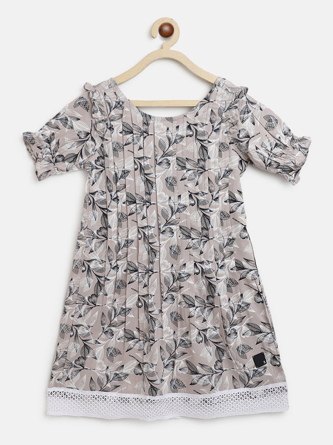 Tales & Stories Girls Beige Rayon Regular Fit Printed Dress