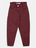 Tales & Stories Girl's Solid Maroon Cotton Paper Bag Slouchy Fit Pant