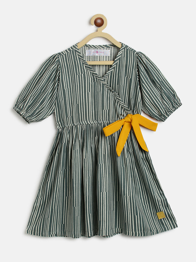 Tales & Stories Girls Grey Rayon Regular Fit Striped Dress