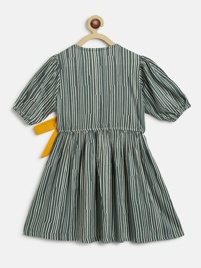 Tales & Stories Girls Grey Rayon Regular Fit Striped Dress