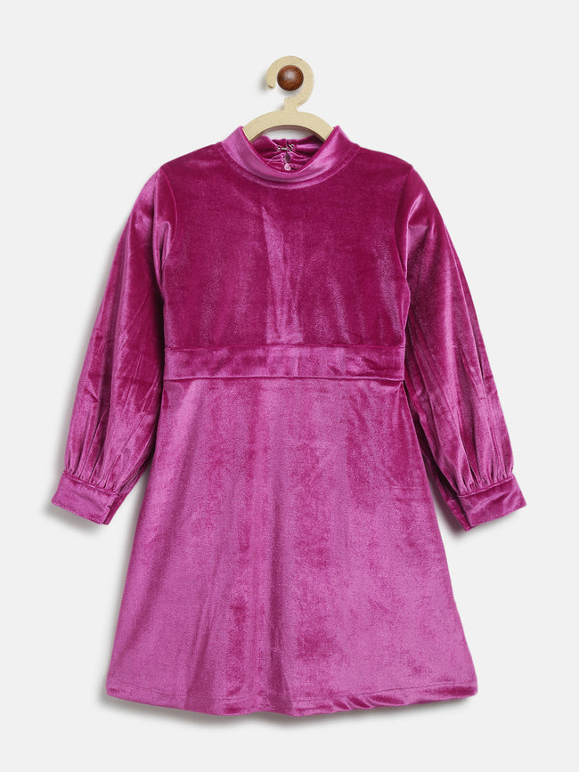 Tales & Stories Girl's Solid Dark Pink Polyester Full Sleeved Dress